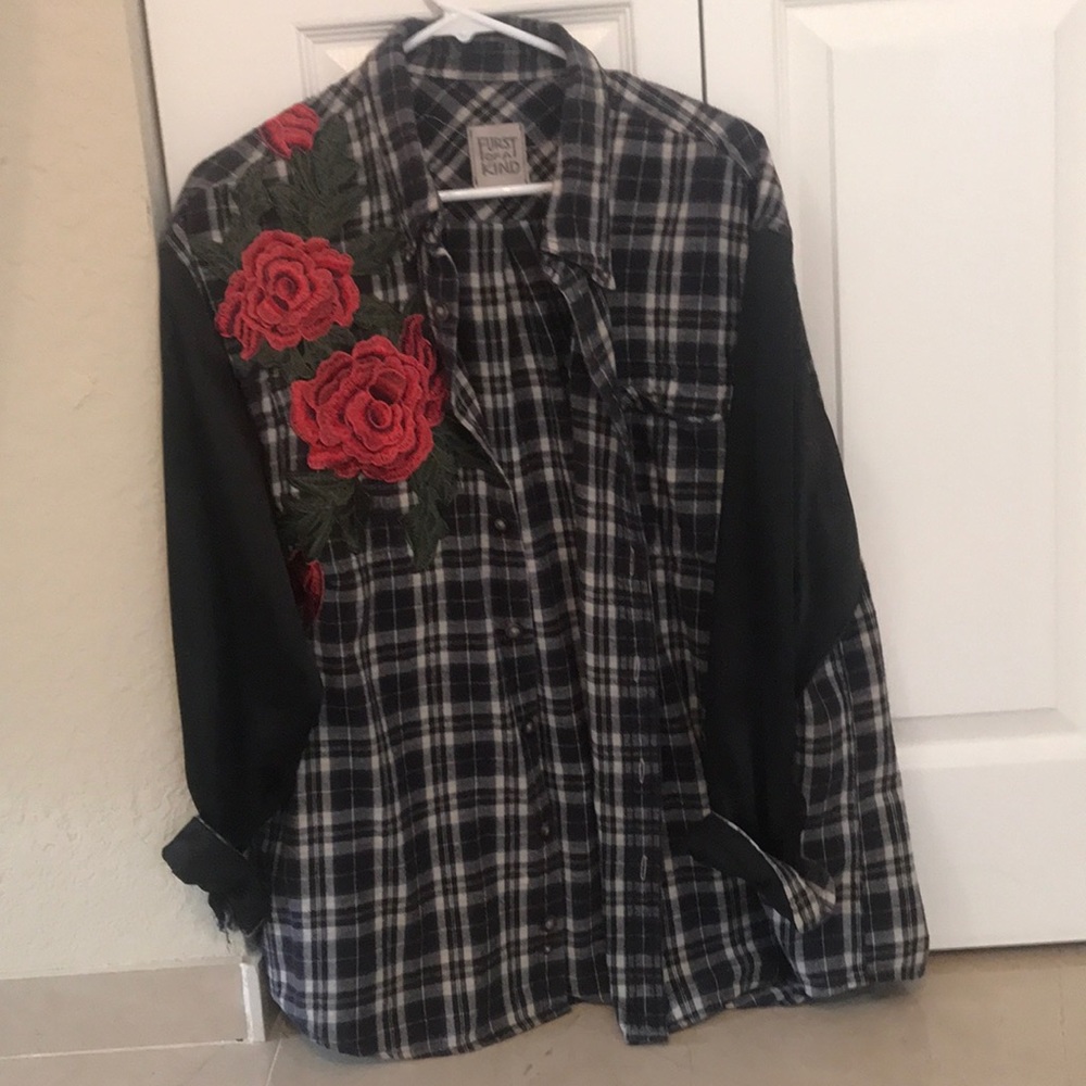 amazing oversized flannel with rose embroidery